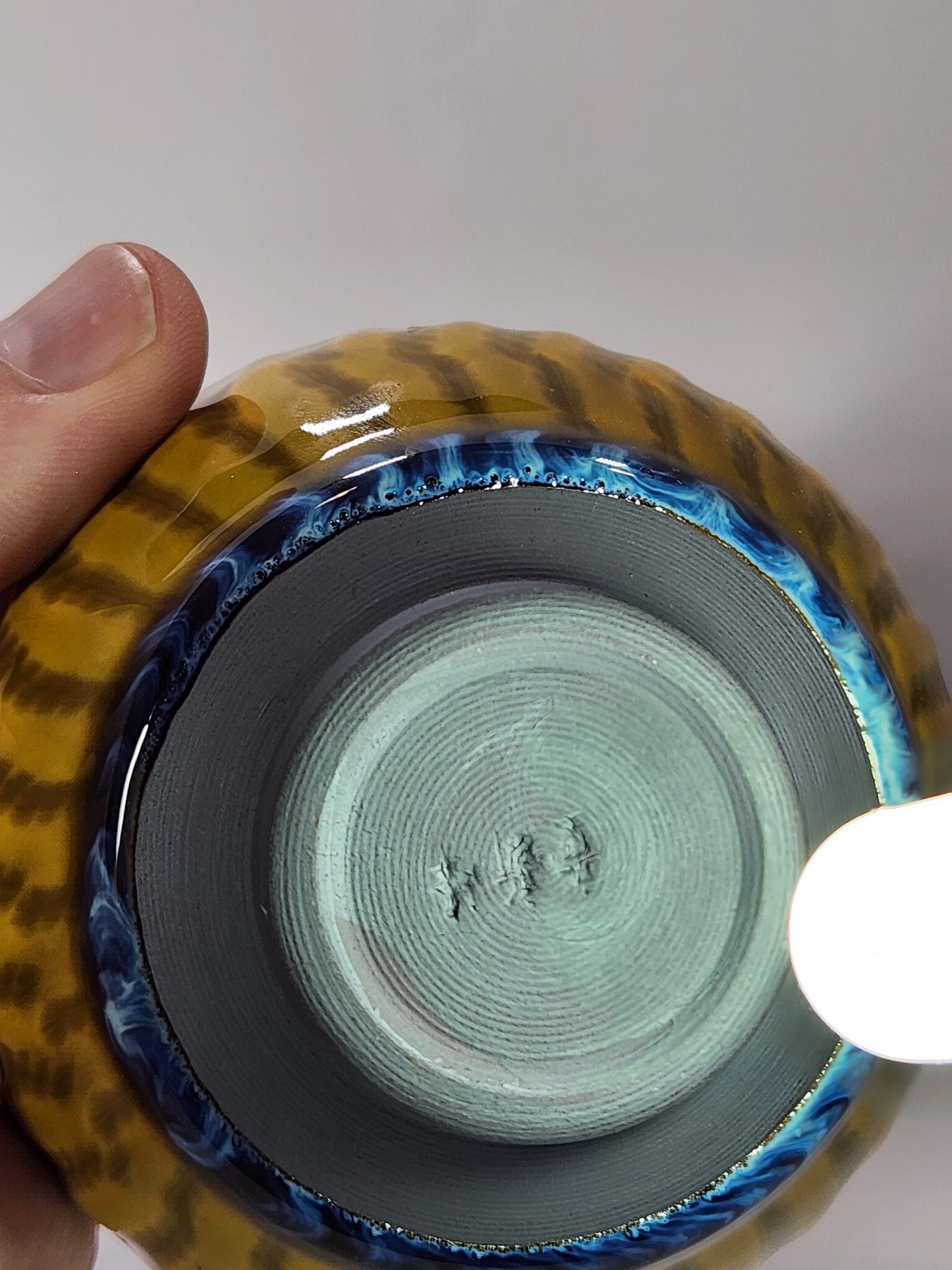 Golden Yellow Jian Zhan Tea Cup Jumping Daggar Blue highlight
