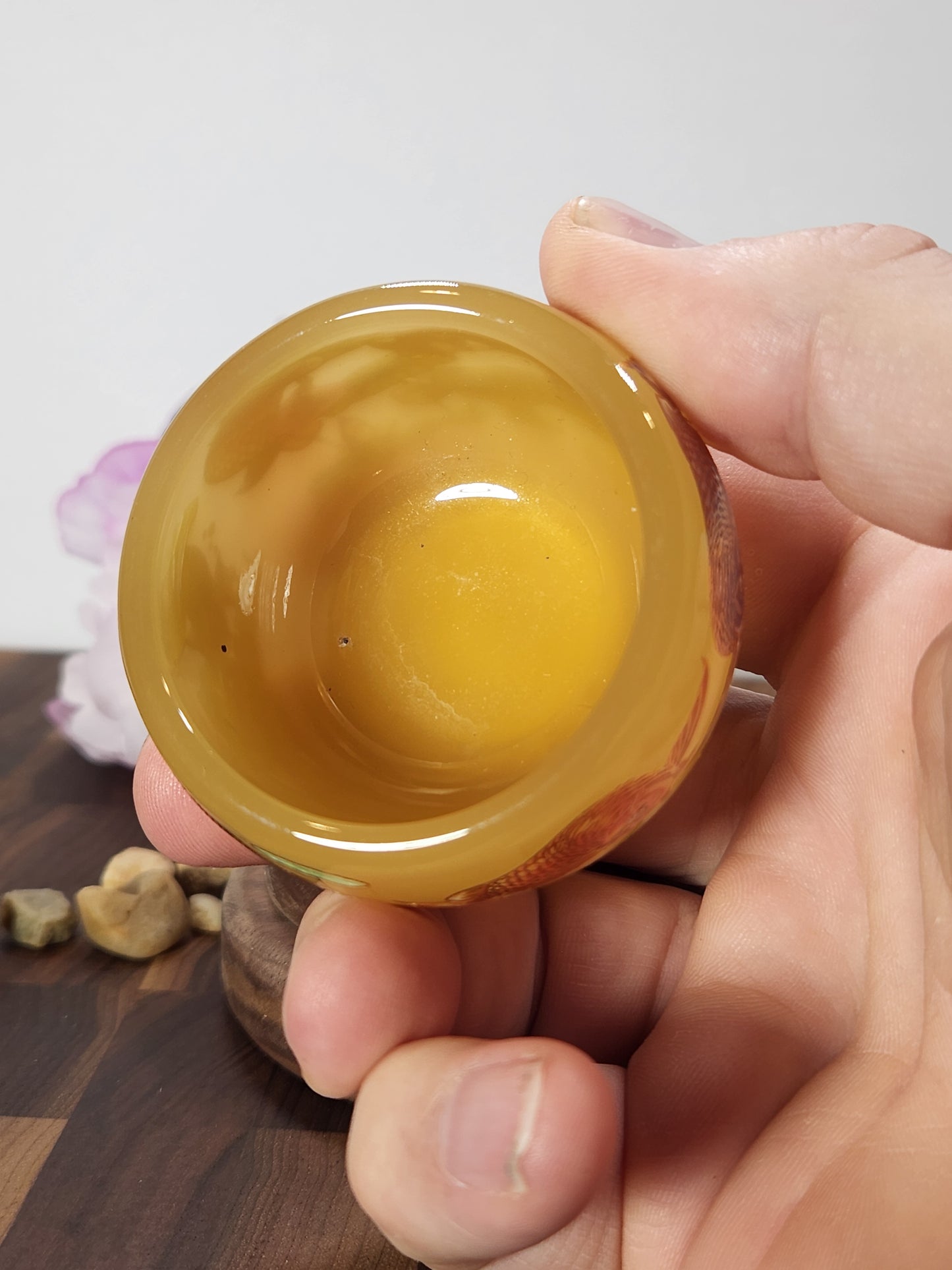 Golden glass Tea tasting cup, painted fish scene, ornate bottom