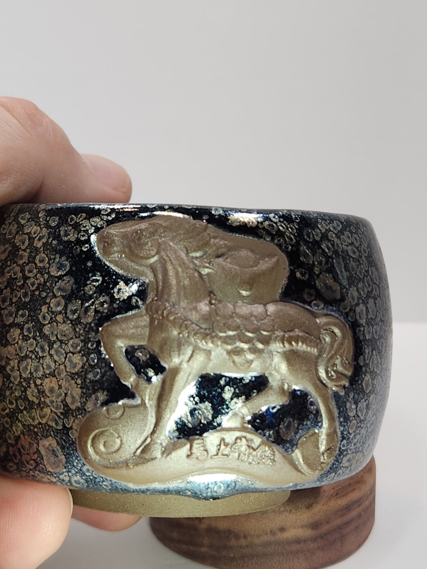 Black Oil Drop Jian Zhan Tea Cup Embossed 3D Horse