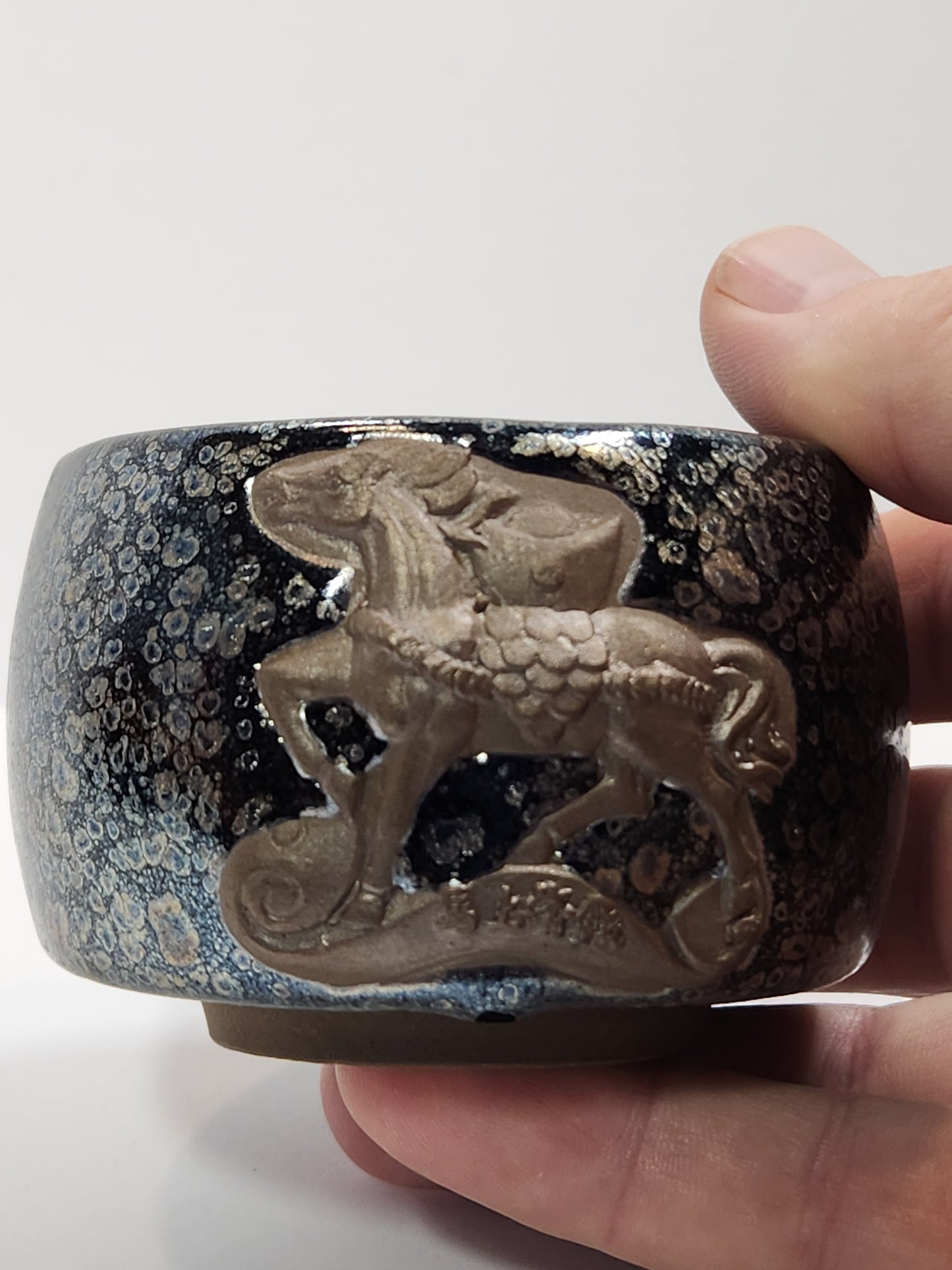 Black Oil Drop Jian Zhan Tea Cup Embossed 3D Horse