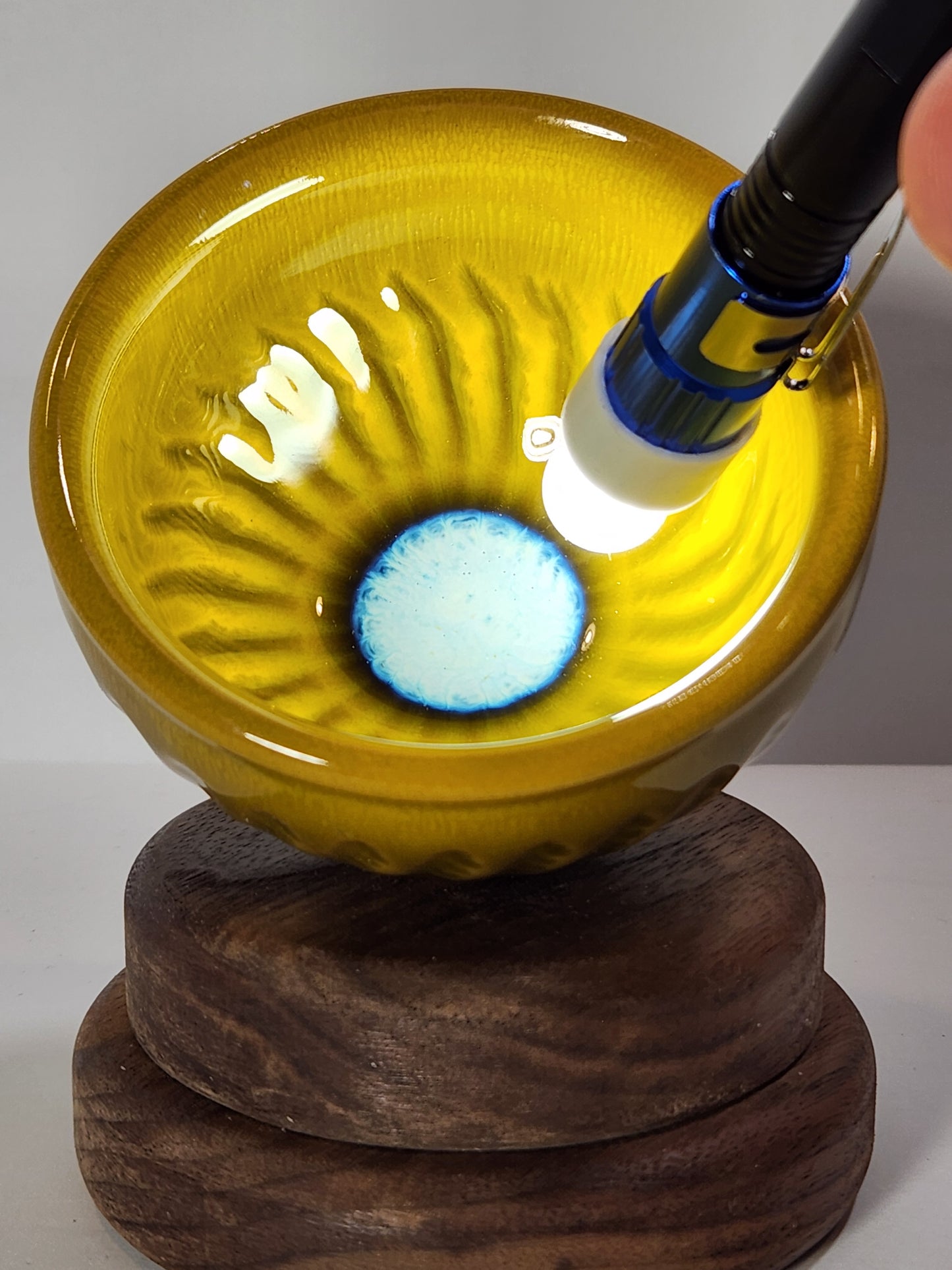 Golden Yellow Jian Zhan Tea Cup Jumping Daggar Blue highlight