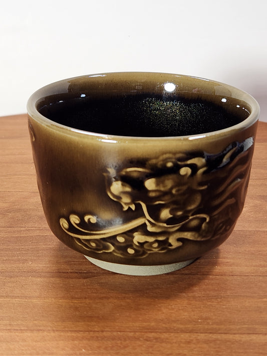“Dragon Heart” Olive-Bronze Crackle Glaze Jian Zhan Tea Cup with Raised Dragon