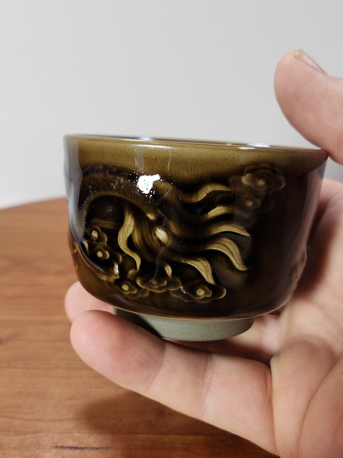 “Dragon Heart” Olive-Bronze Crackle Glaze Jian Zhan Tea Cup with Raised Dragon