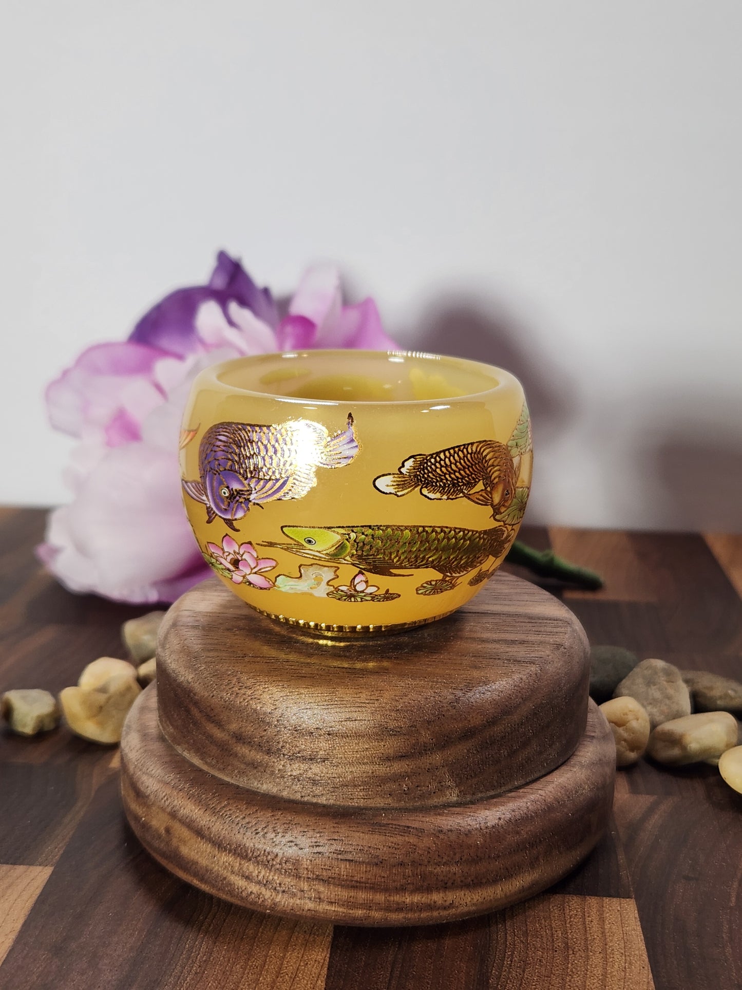 Golden glass Tea tasting cup, painted fish scene, ornate bottom