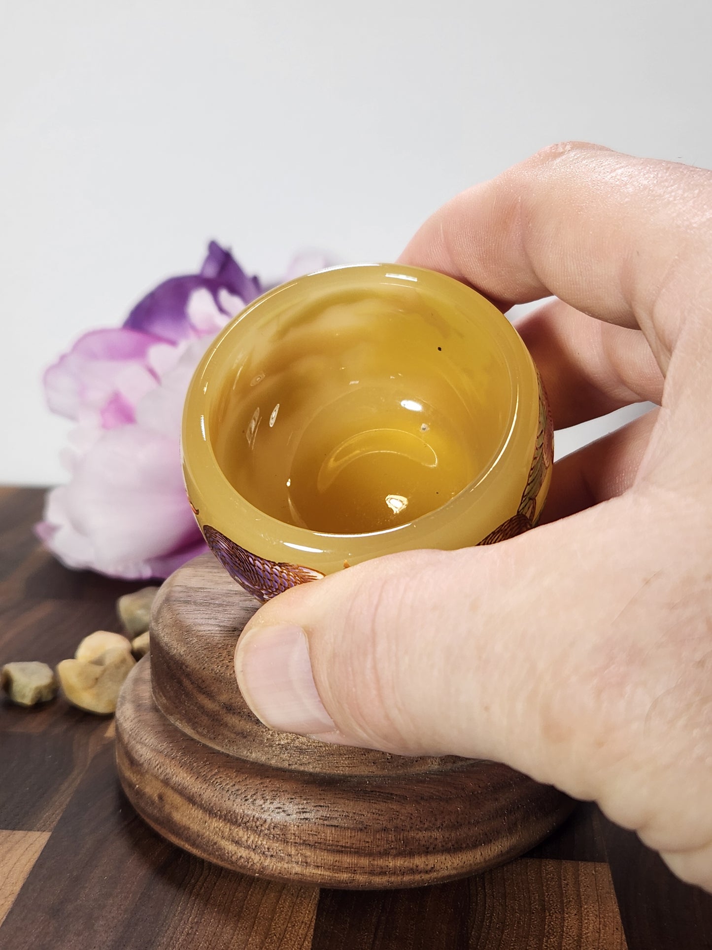 Golden glass Tea tasting cup, painted fish scene, ornate bottom