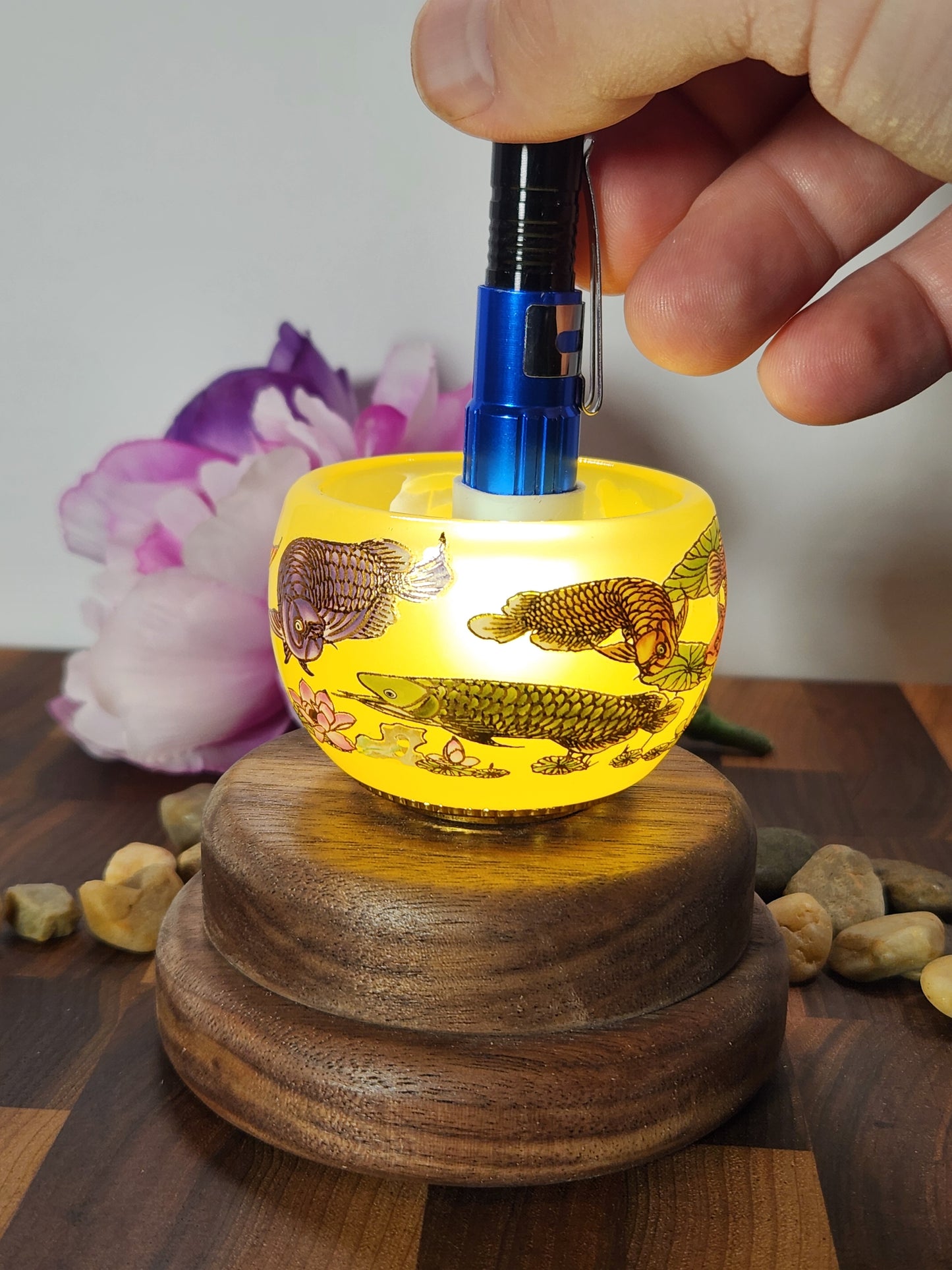 Golden glass Tea tasting cup, painted fish scene, ornate bottom