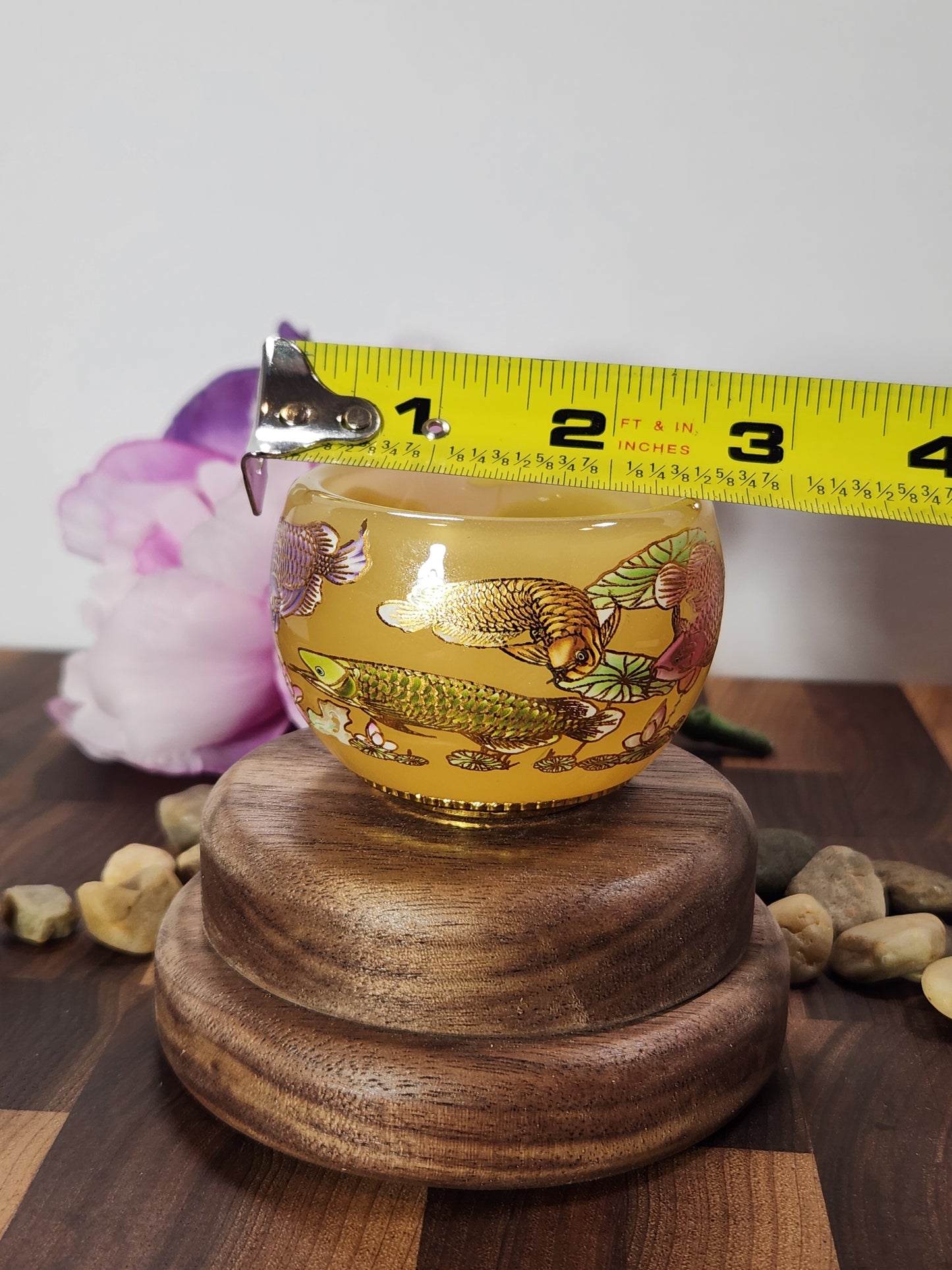 Golden glass Tea tasting cup, painted fish scene, ornate bottom