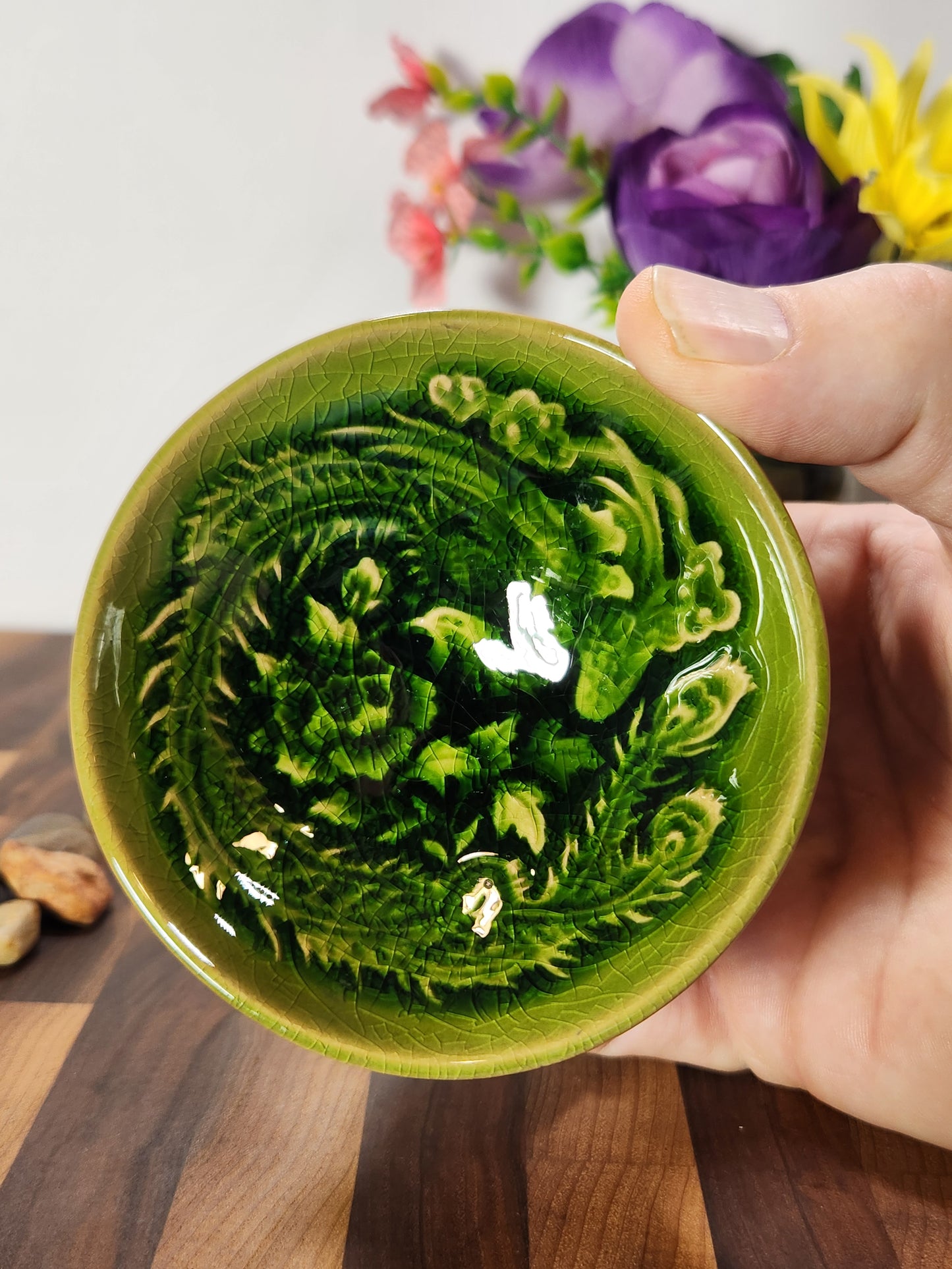 Emerald Green Embossed Phoenix Tea Cup