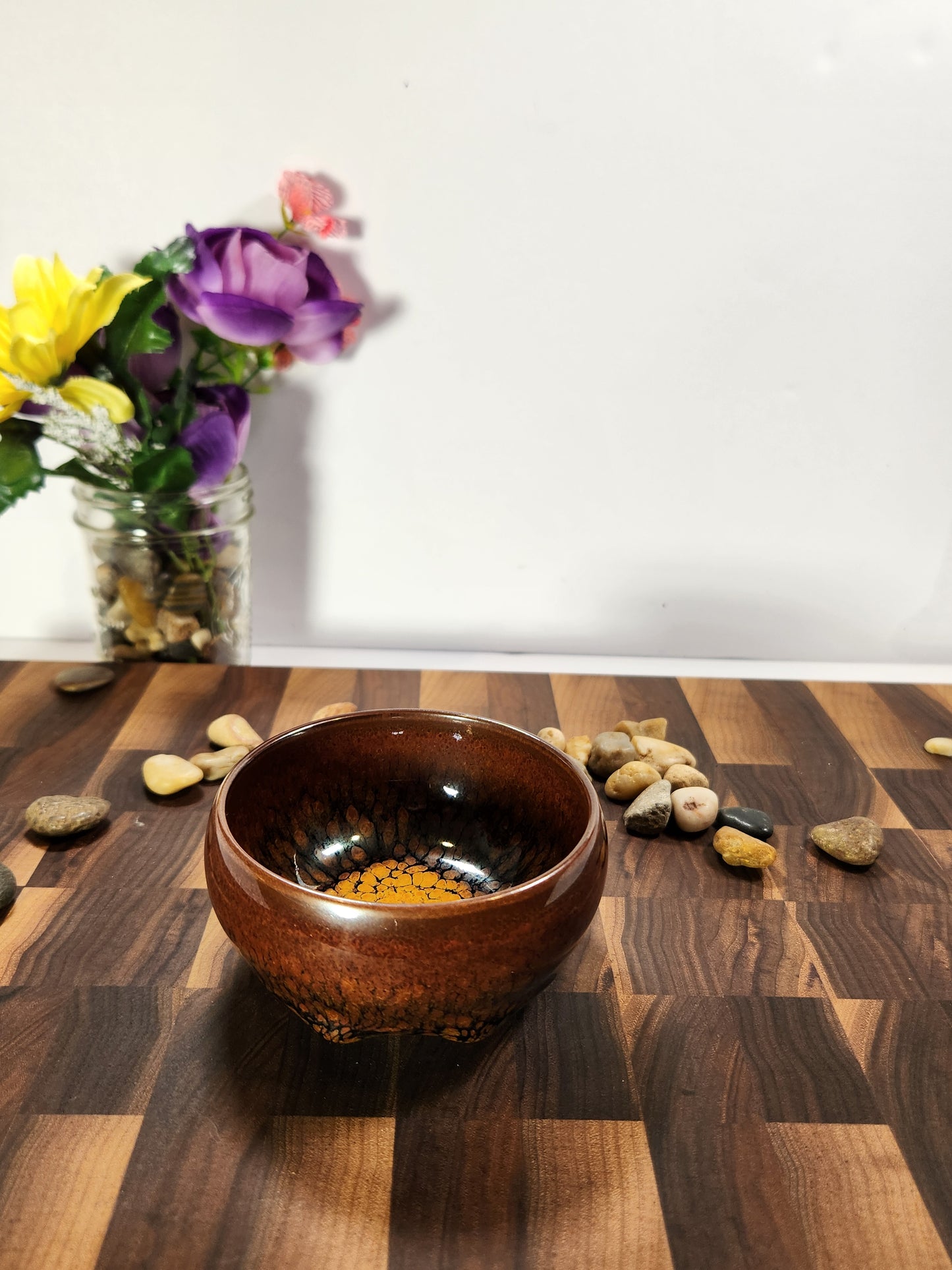 Golden-Heart Partridge Feather Tea Bowl with Kiln Tears