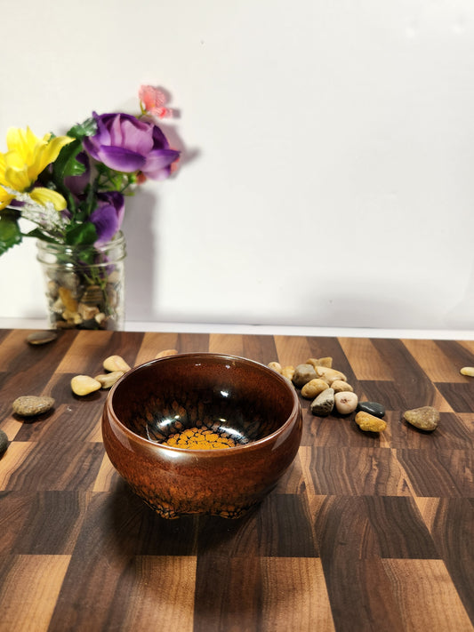 Golden-Heart Partridge Feather Tea Bowl with Kiln Tears