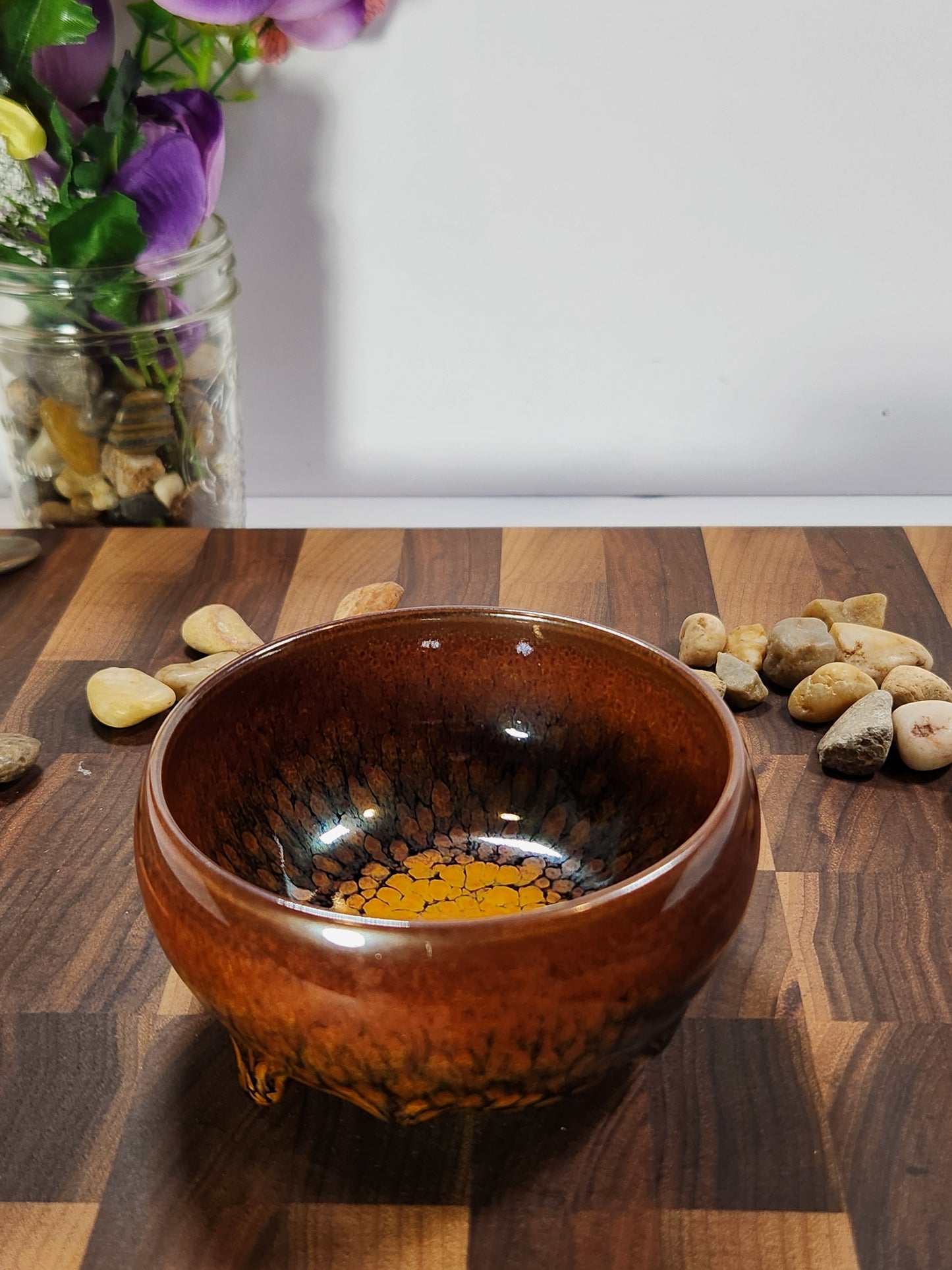 Golden-Heart Partridge Feather Tea Bowl with Kiln Tears