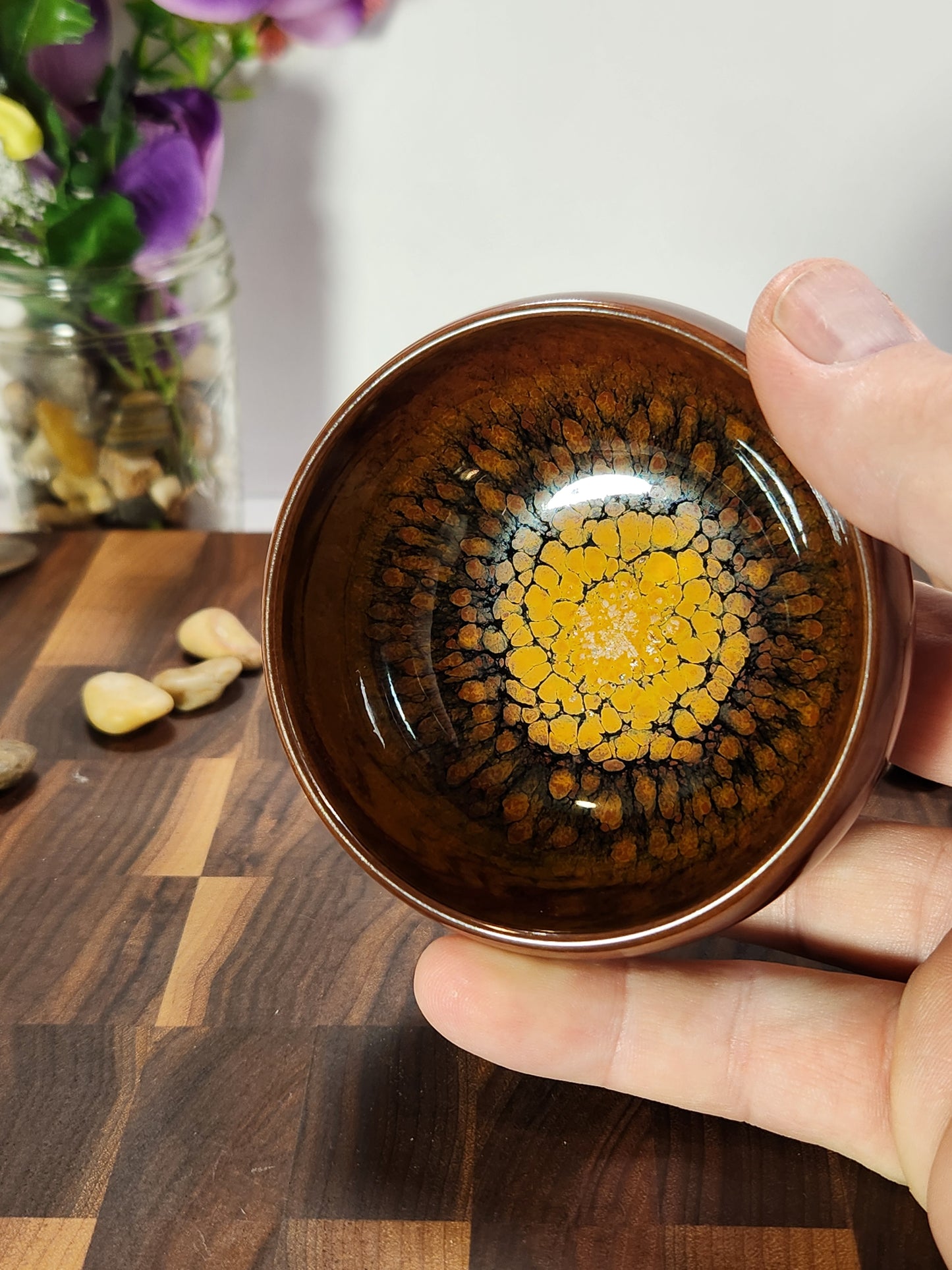 Golden-Heart Partridge Feather Tea Bowl with Kiln Tears