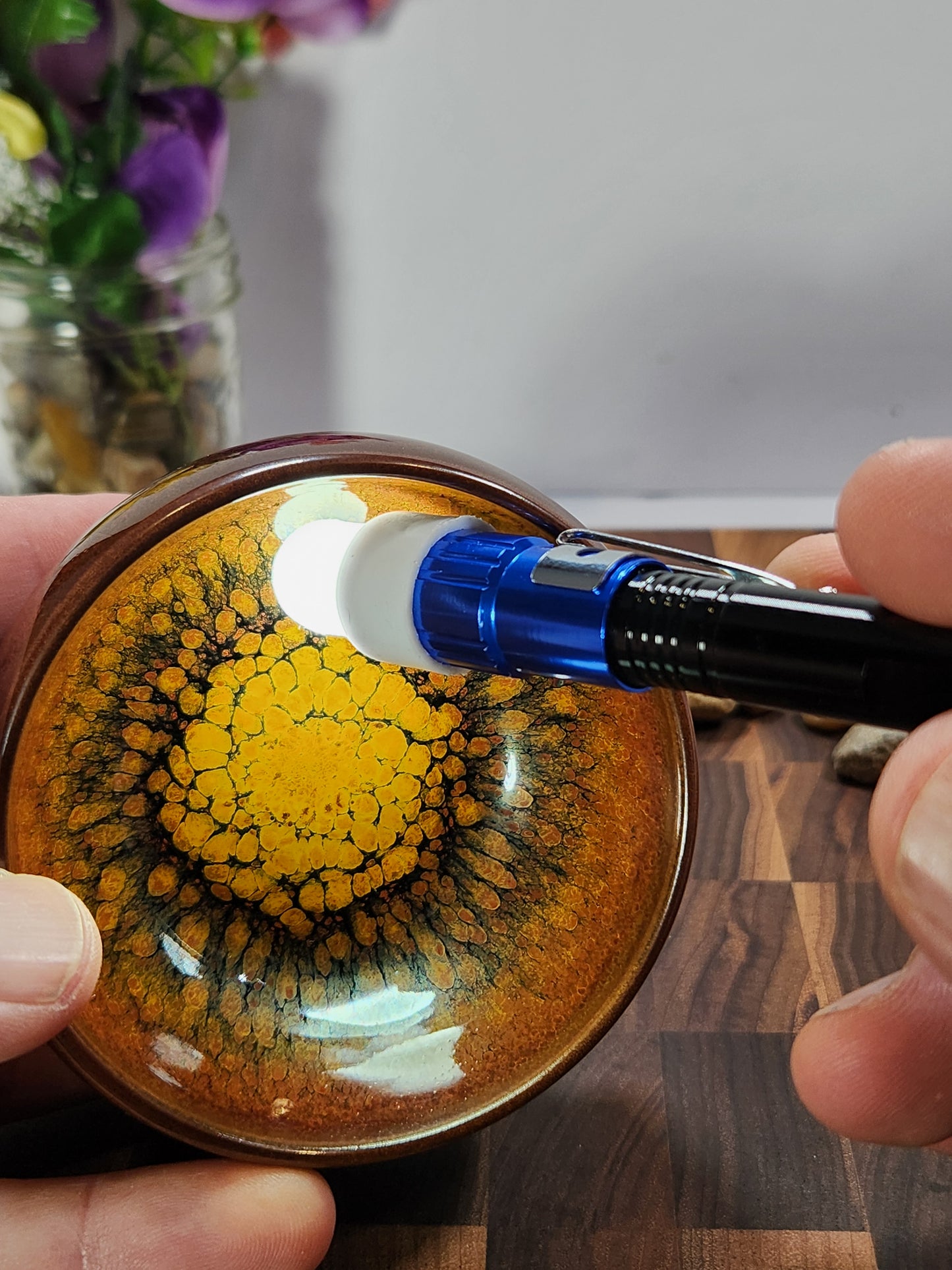 Golden-Heart Partridge Feather Tea Bowl with Kiln Tears