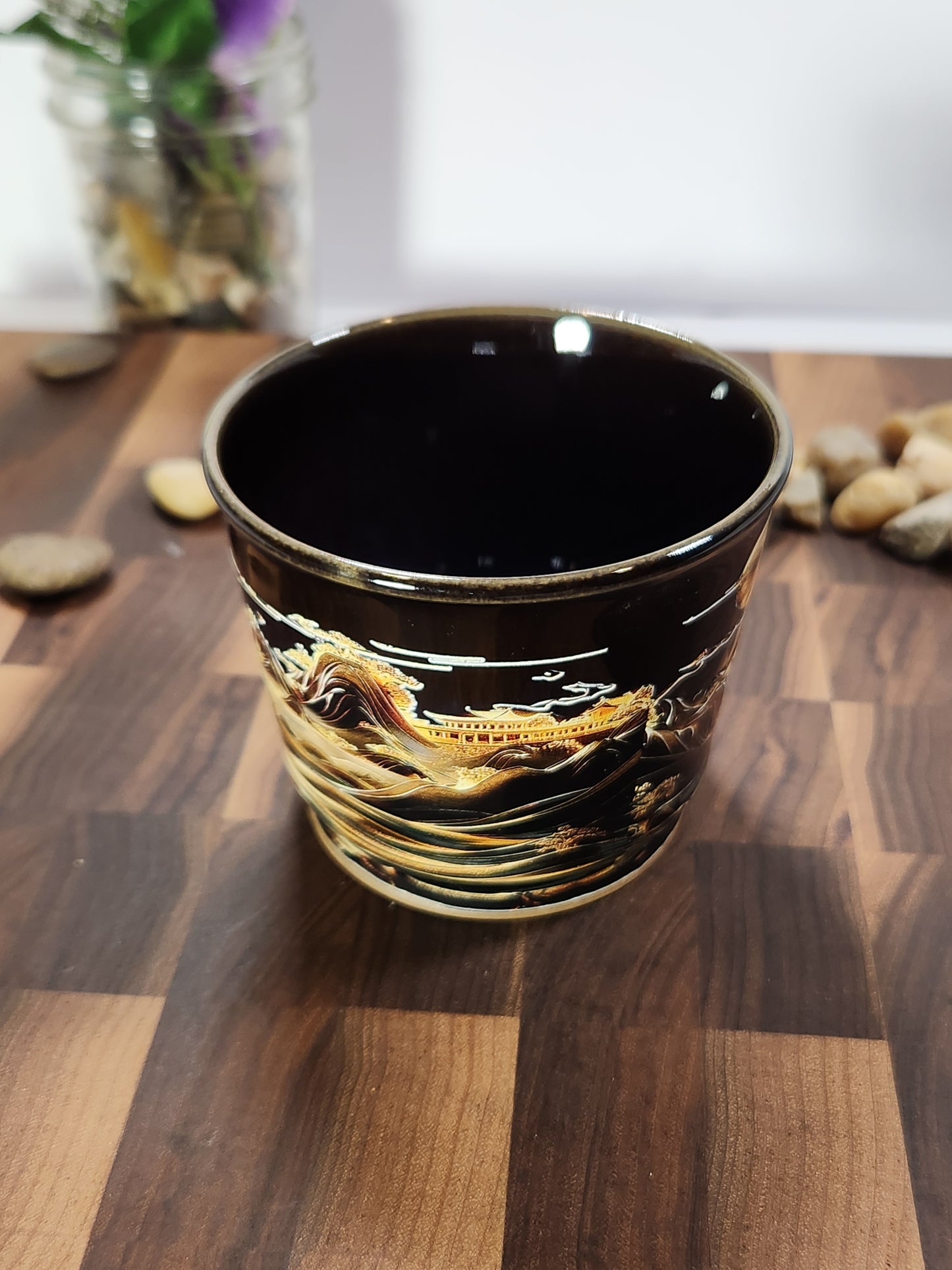 Hand-Painted Golden Moonlit Landscape Tea Cup