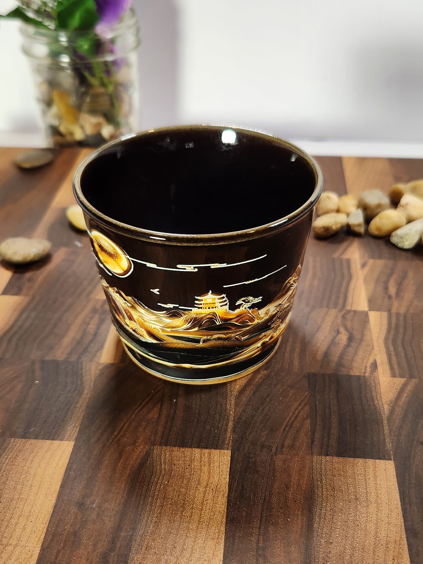 Hand-Painted Golden Moonlit Landscape Tea Cup