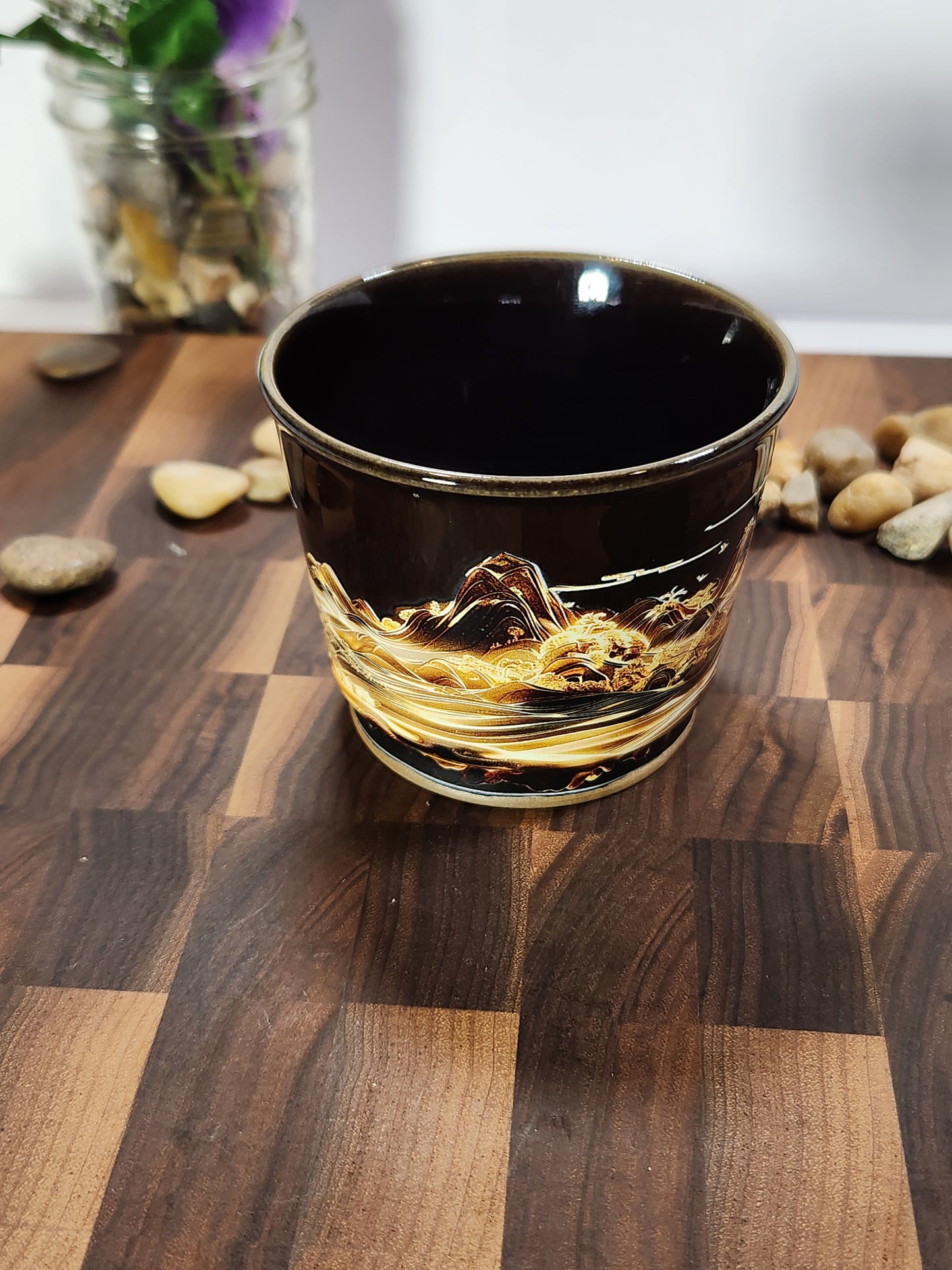 Hand-Painted Golden Moonlit Landscape Tea Cup