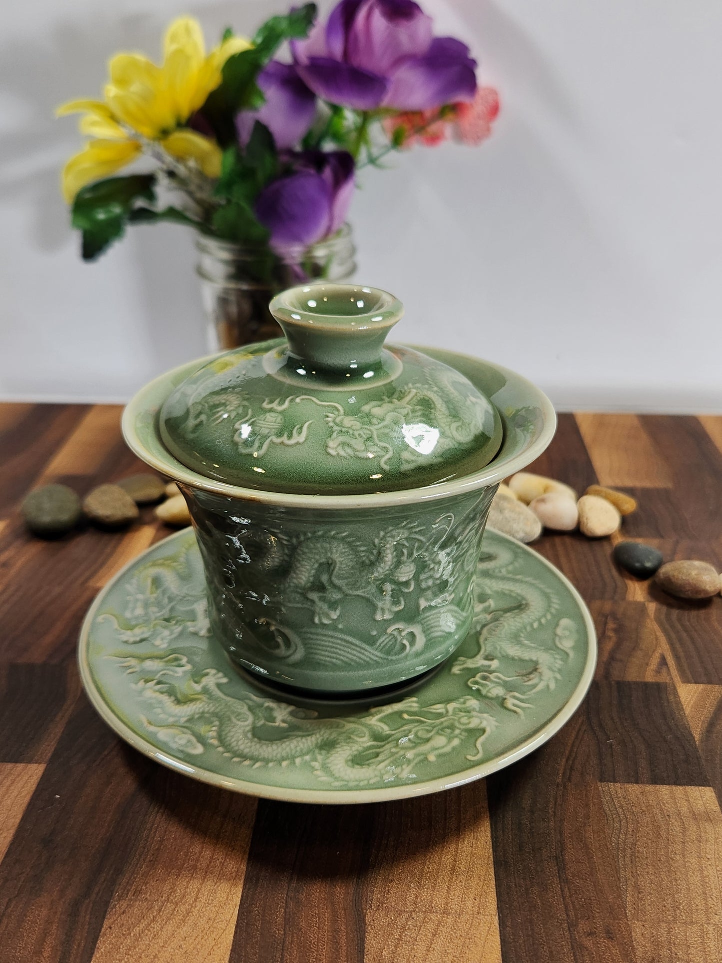 Celadon Embossed Dragon Three-Piece Gaiwan