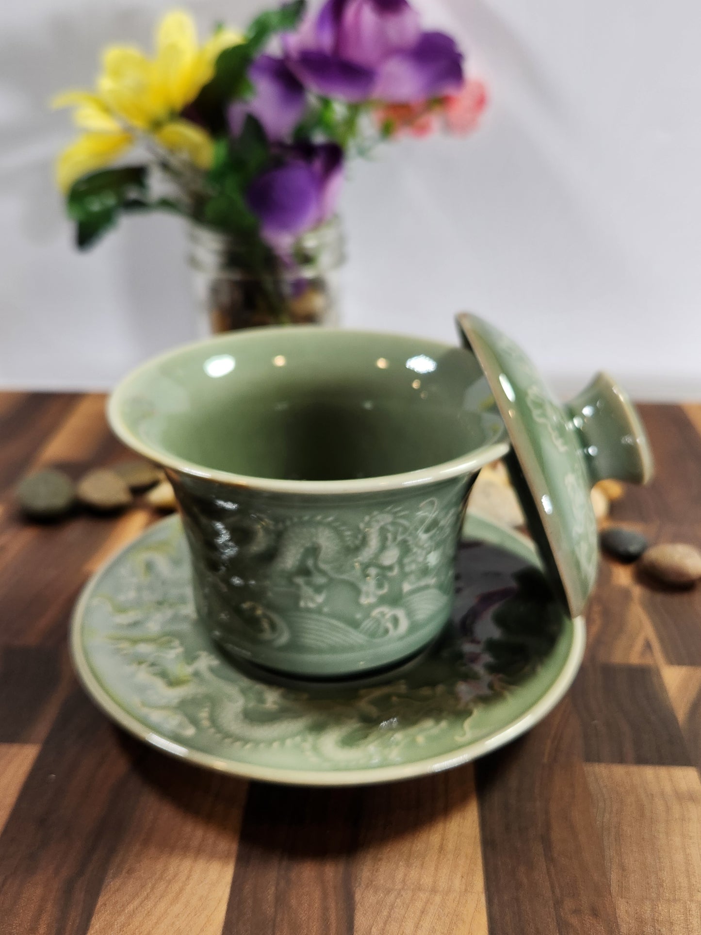 Celadon Embossed Dragon Three-Piece Gaiwan