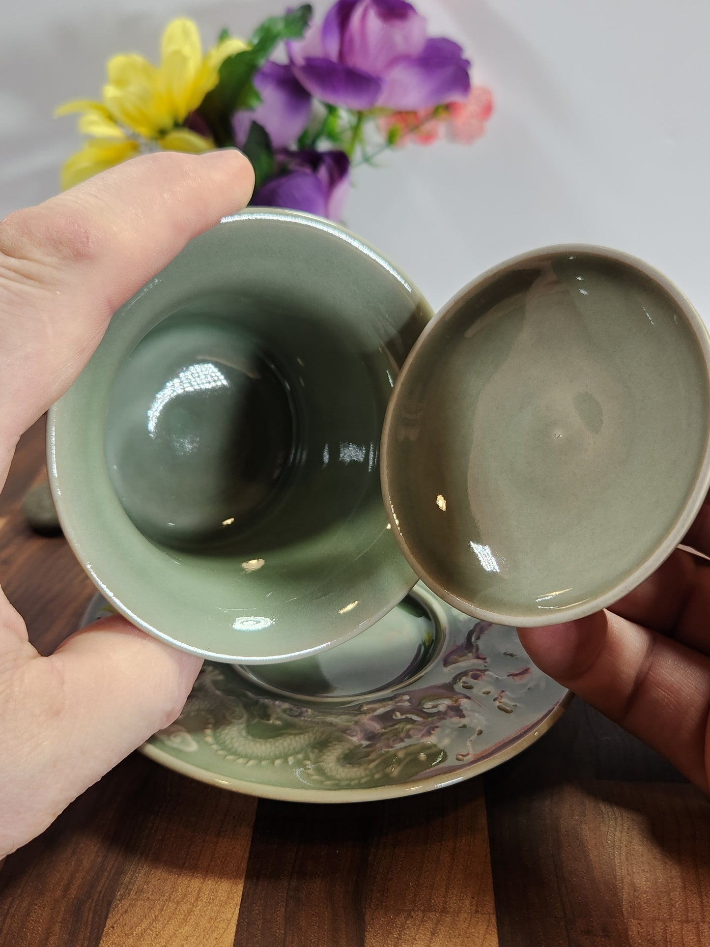 Celadon Embossed Dragon Three-Piece Gaiwan
