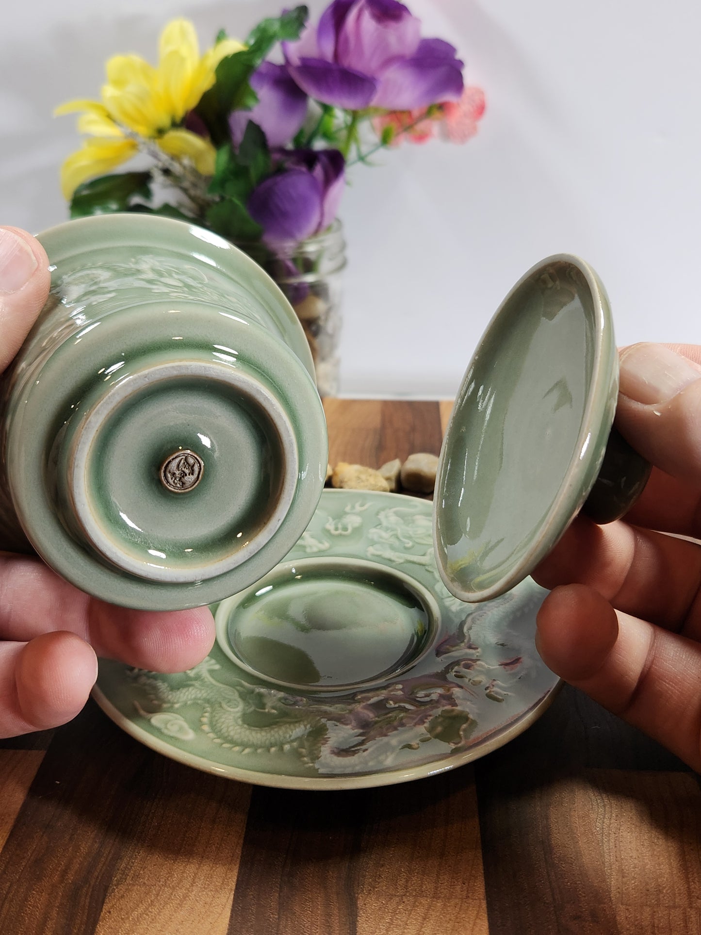 Celadon Embossed Dragon Three-Piece Gaiwan