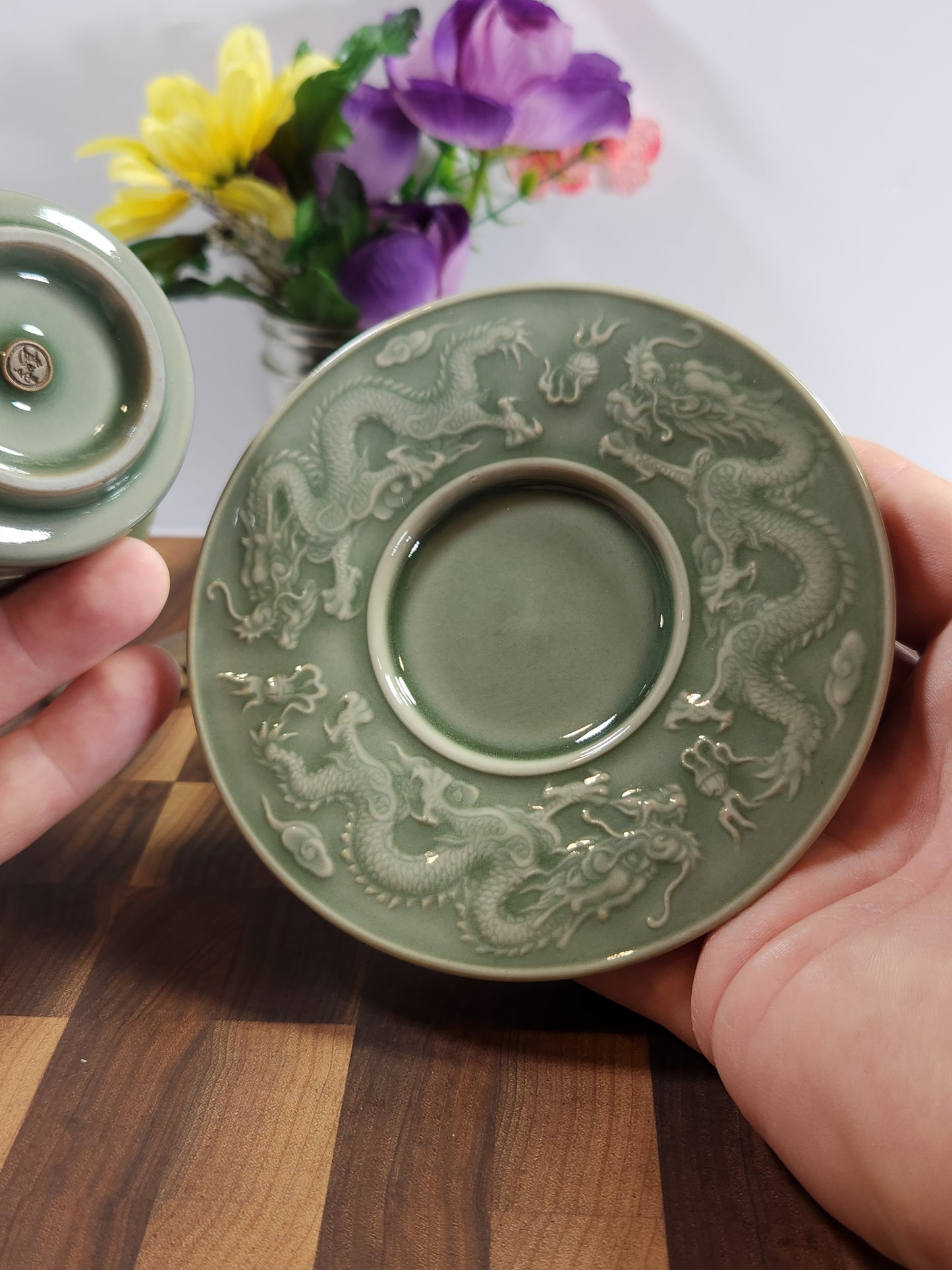 Celadon Embossed Dragon Three-Piece Gaiwan