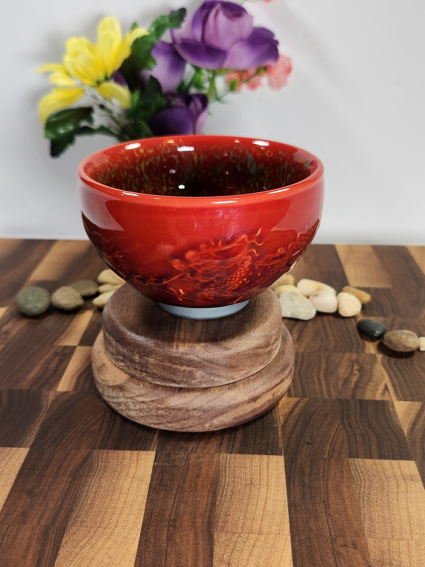 Crimson Dragon Tea Bowl with Emerald Burst Glaze