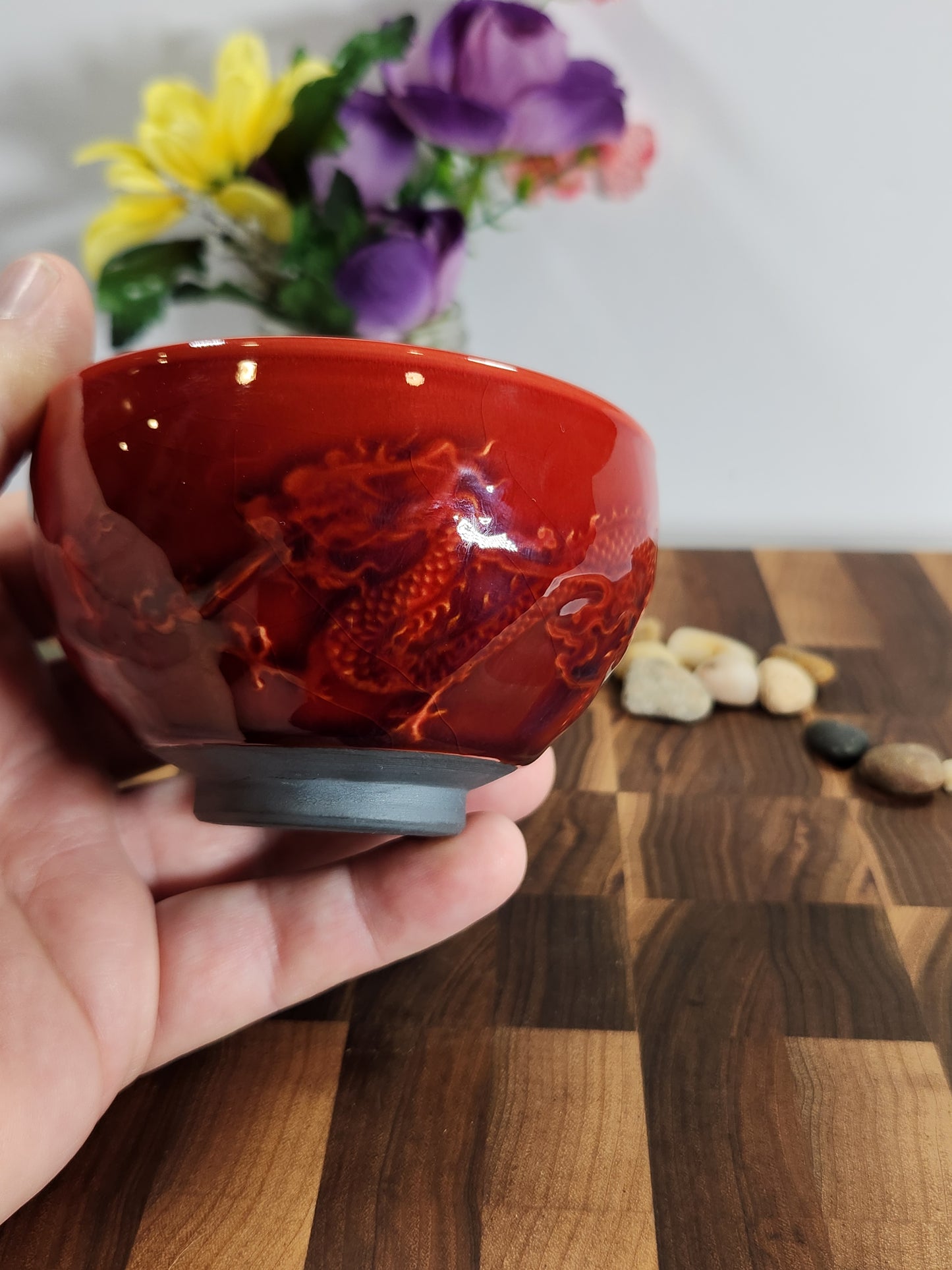 Crimson Dragon Tea Bowl with Emerald Burst Glaze