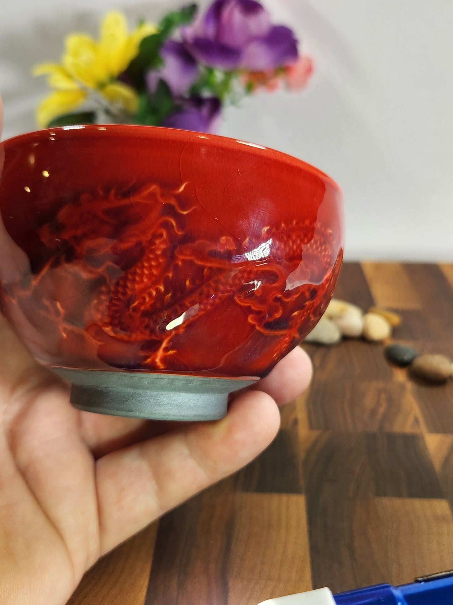 Crimson Dragon Tea Bowl with Emerald Burst Glaze