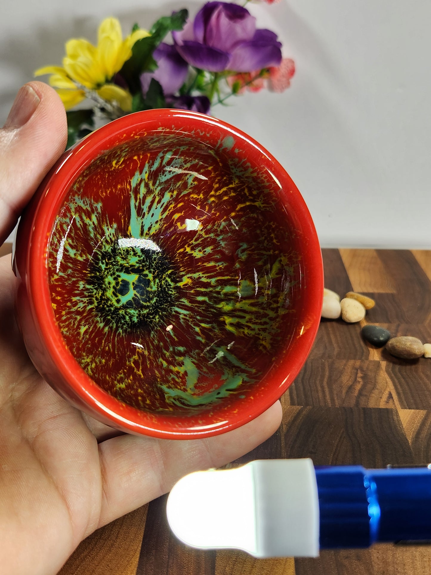 Crimson Dragon Tea Bowl with Emerald Burst Glaze
