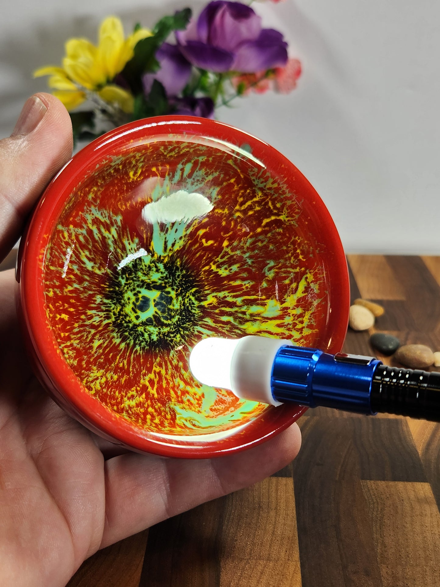 Crimson Dragon Tea Bowl with Emerald Burst Glaze