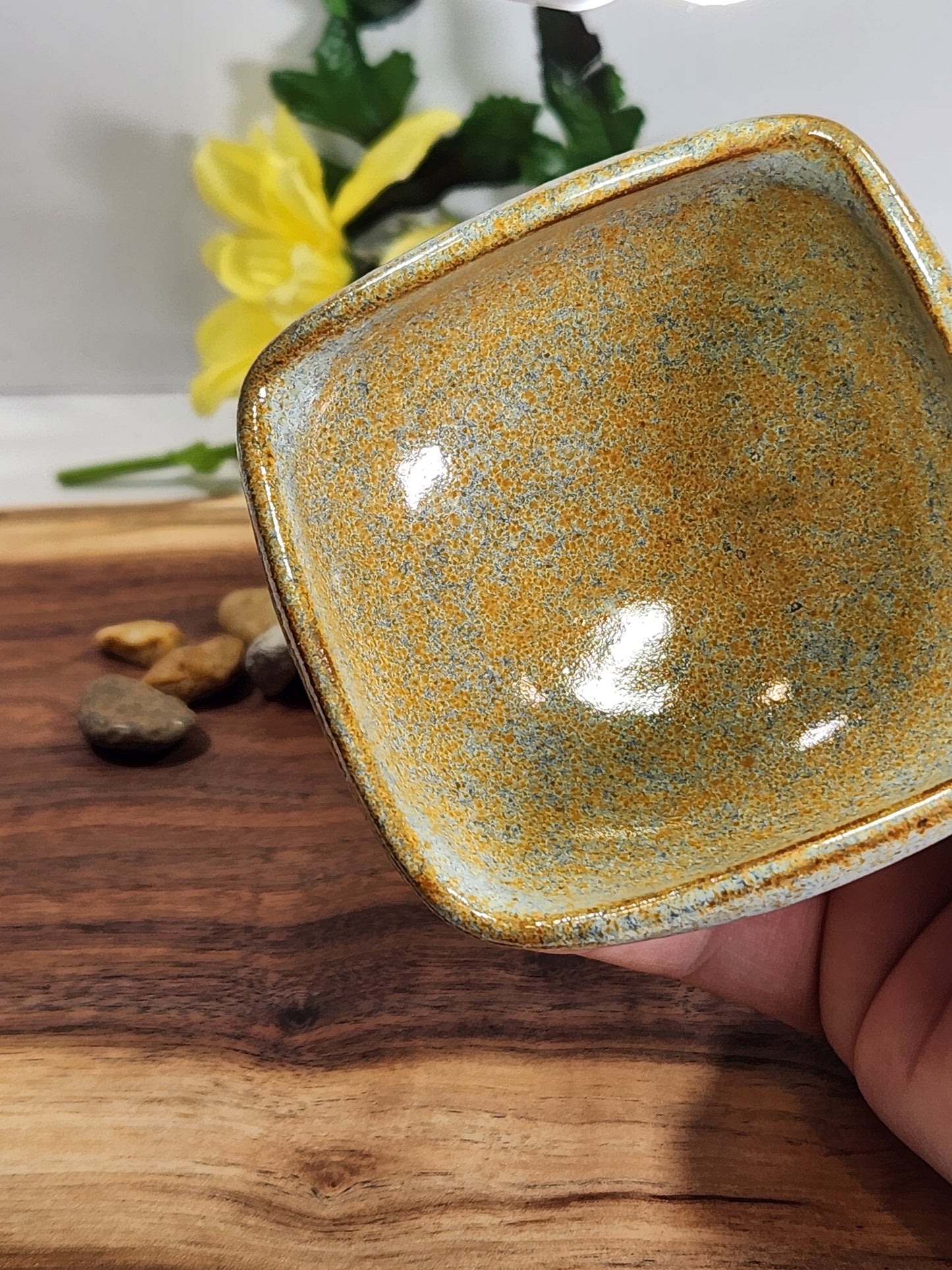 Square Wood-Fired Chinese Tea Cup – Golden Ash Glaze – Handmade Artisan Teacup