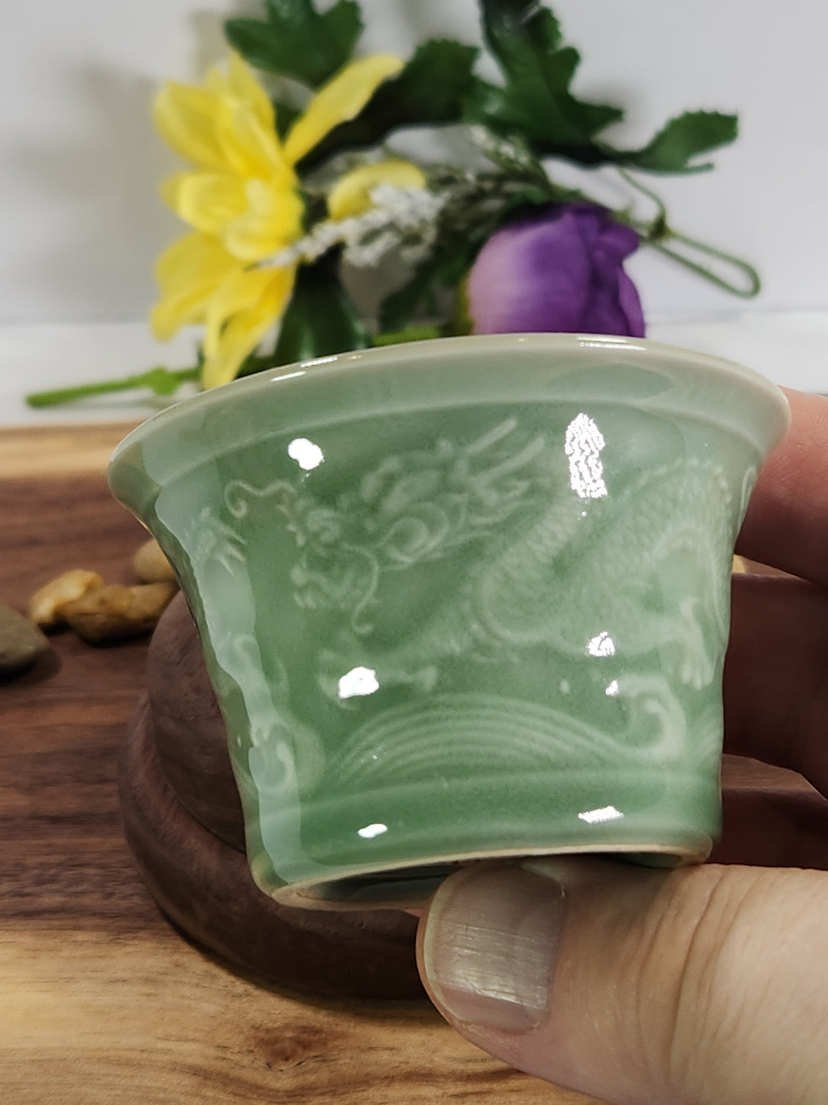 Celadon Dragon Relief Gongfu Tea Cup – Small Chinese Sip Cup