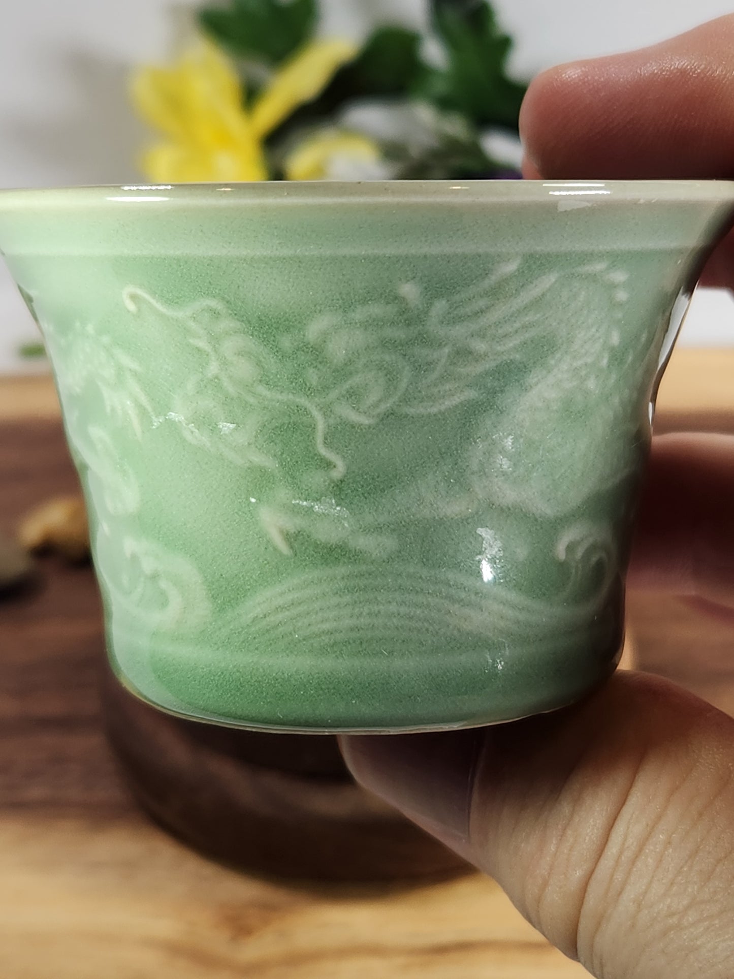 Celadon Dragon Relief Gongfu Tea Cup – Small Chinese Sip Cup